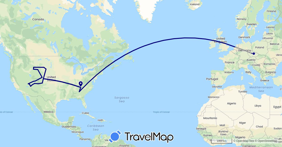 TravelMap itinerary: driving, plane in Czech Republic, Netherlands, United States (Europe, North America)